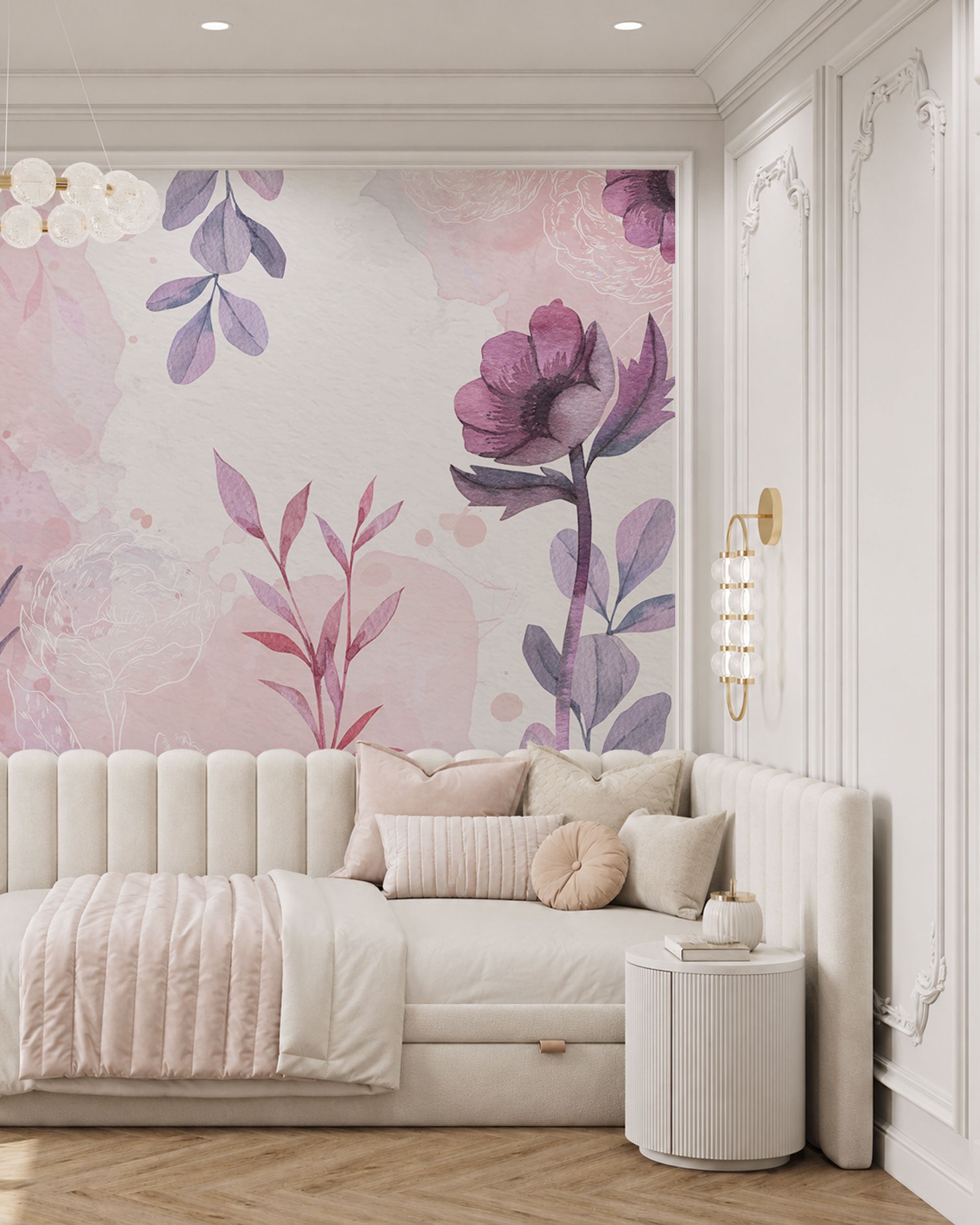 Watercolor floral wall mural in pastel pink and lavender tones