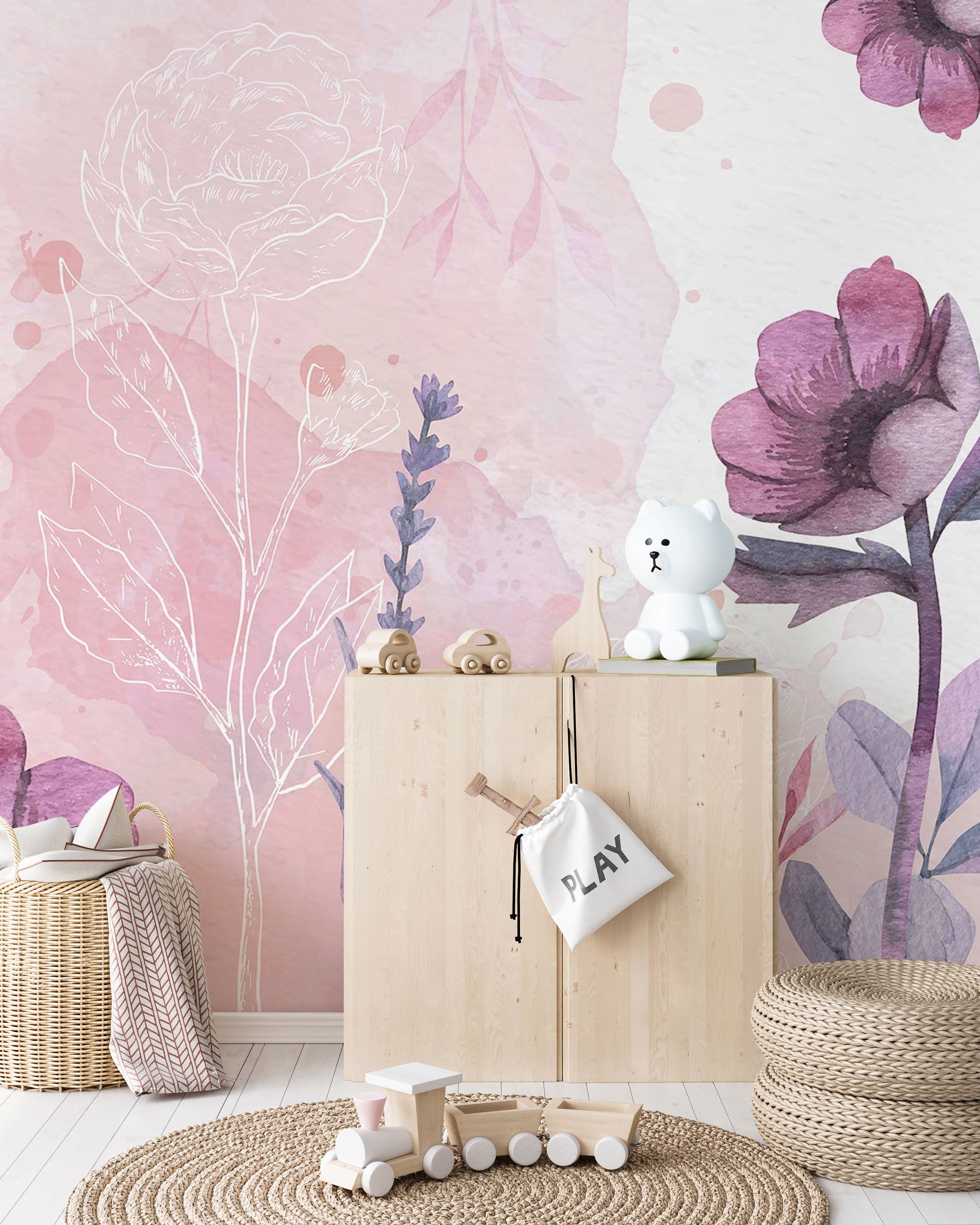 Aquarell-Blumen-Wandbild in Pastellrosa- und Lavendeltönen