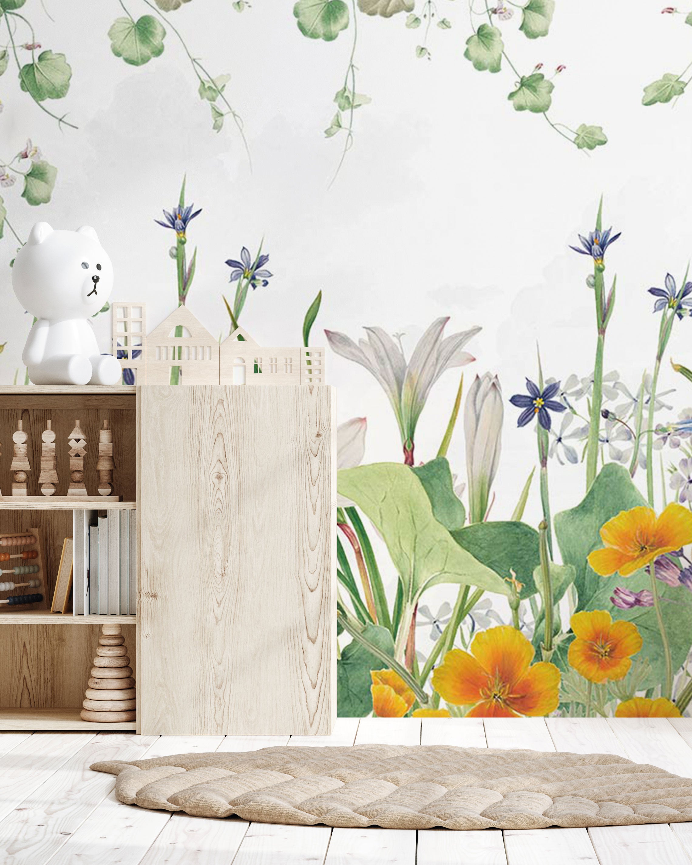 Botanische Tapete mit wilden Wiesenblumen, grünen Gräsern und gelben Blüten auf weißem Hintergrund