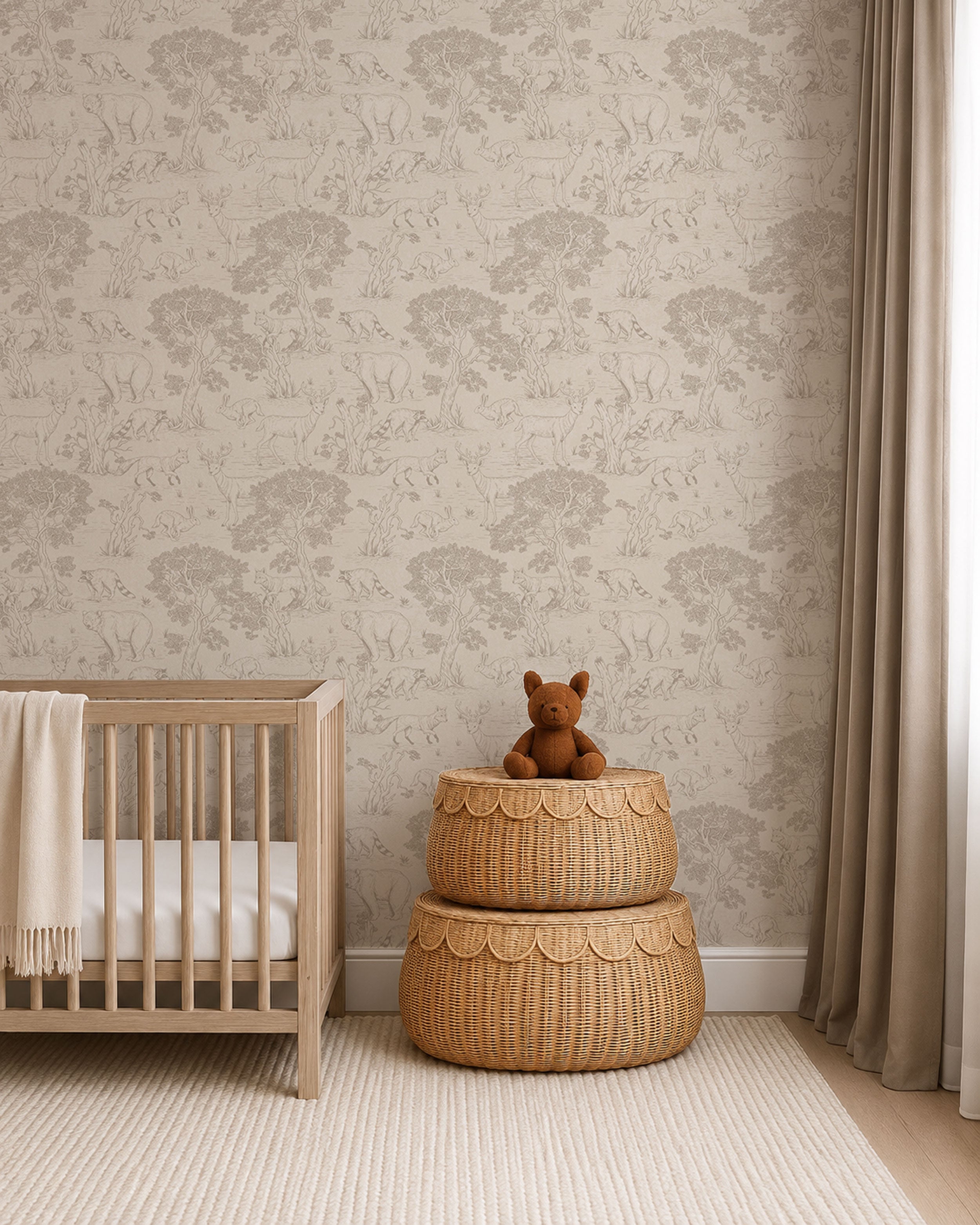 Children’s wallpaper with hand-drawn woodland animals and trees in a soft, neutral forest illustration pattern
