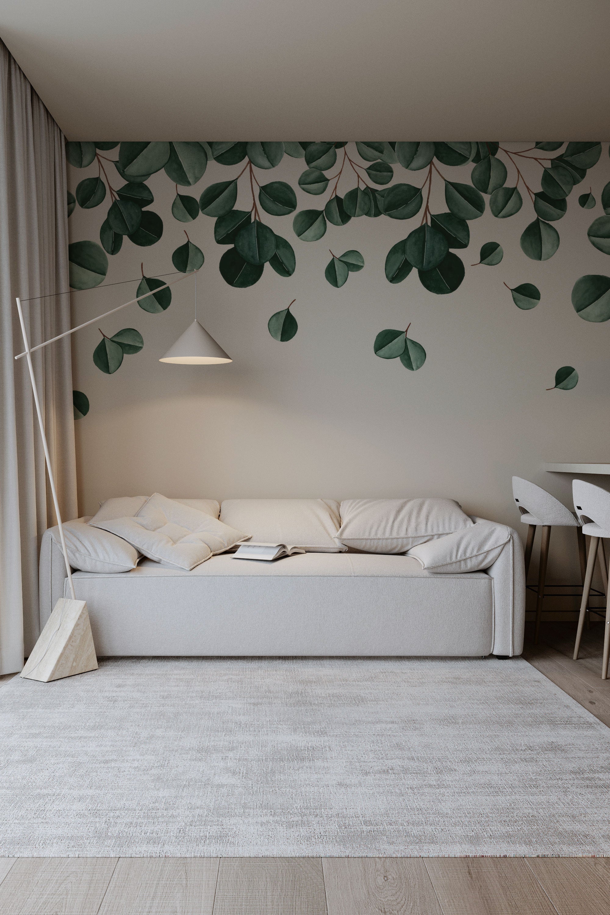 Hanging leaves wallpaper with soft green botanical elements, minimalist nature wallpaper for bedroom and living room
