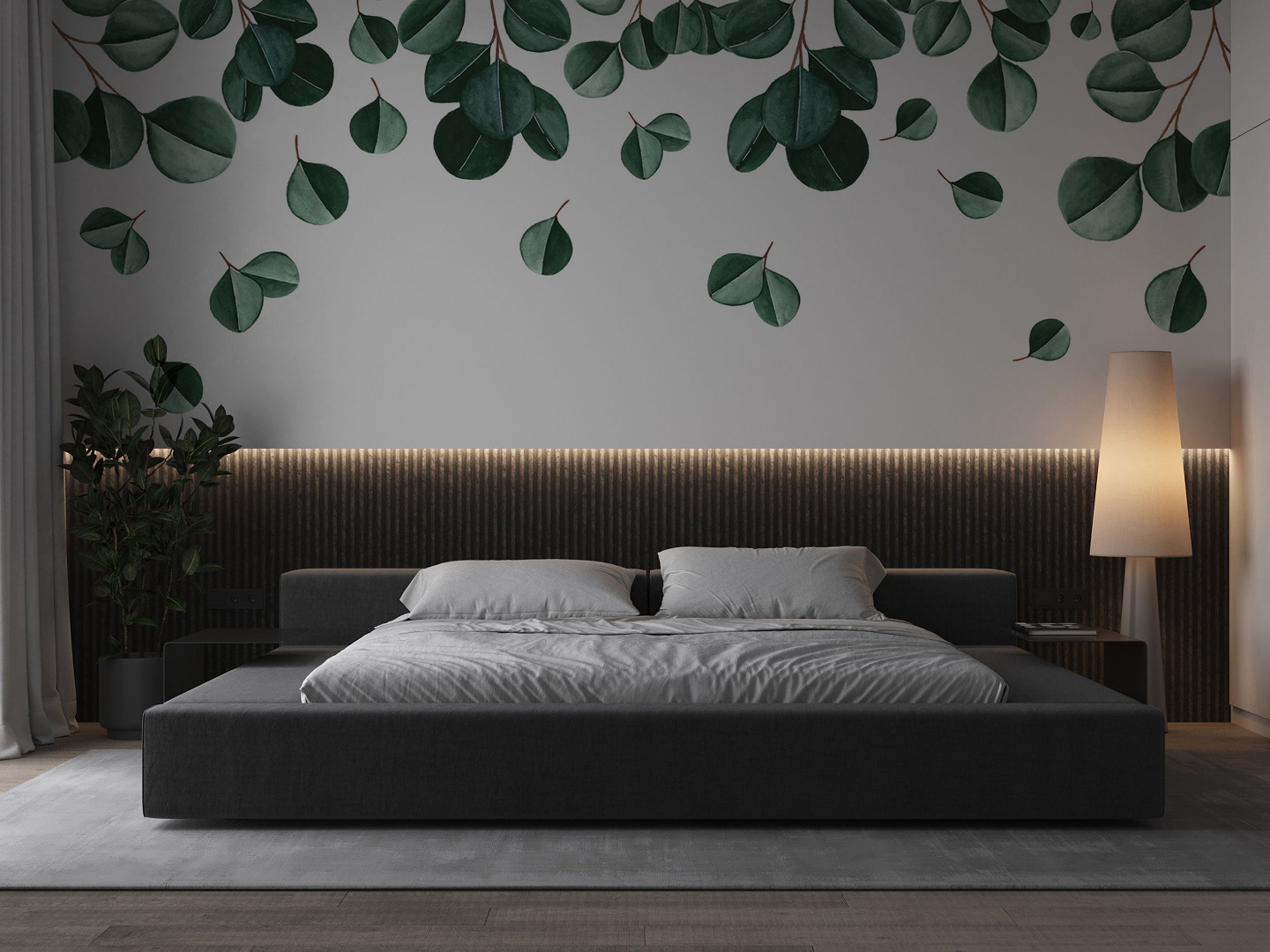 Hanging leaves wallpaper with soft green botanical elements, minimalist nature wallpaper for bedroom and living room