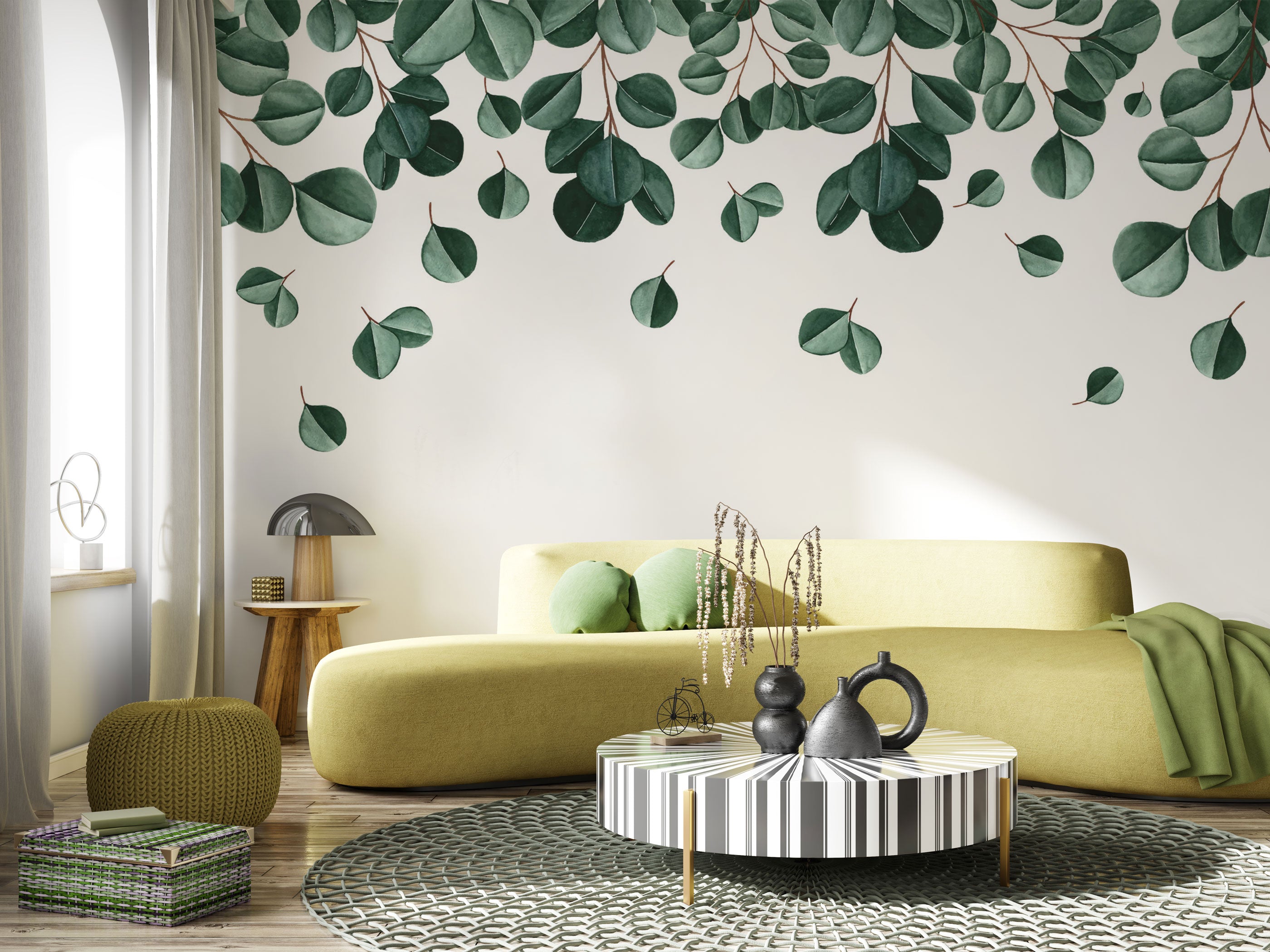 Hanging leaves wallpaper with soft green botanical elements, minimalist nature wallpaper for bedroom and living room